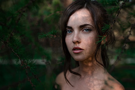 woman's face, women, model, face, portrait, freckles, brunette, blue eyes, Georgy Chernyadyev, HD wallpaper HD wallpaper
