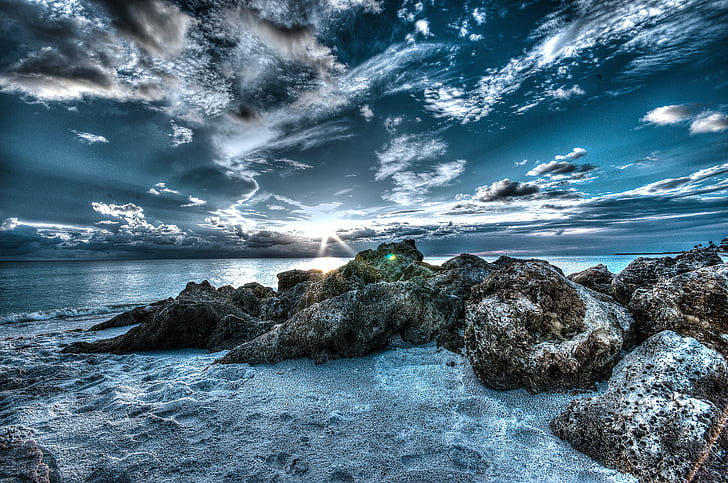 3D photography of beach rocks under clouds transformation during daytime, Beach, HDR, 3D photography, rocks, clouds, transformation, daytime, nikon  d3200, sigma, 10mm, 20mm, sea, playa, arena, nature, rock - Object, coastline, sunset, landscape, sky, cloud - Sky, scenics, outdoors, blue, seascape, water, wave, summer, HD wallpaper