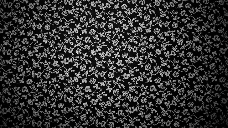 black and gray floral wallpaper, pattern, monochrome, HD wallpaper