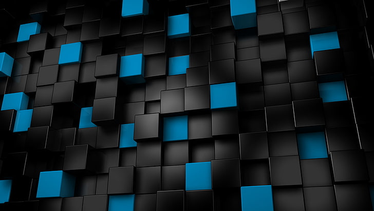 Abbildung des blauen und schwarzen Kastens, Wiedergabe, Schwarzes, Kuba, Würfel, Blau, Grafiken 3d, HD-Hintergrundbild