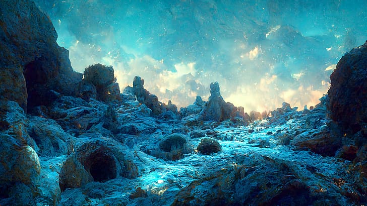 blue, crystal, Ice crystals, cave, clouds, HD wallpaper