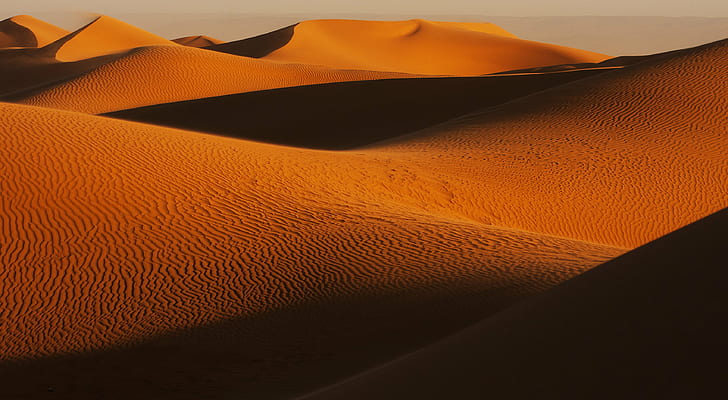 paysage de vagues du désert brun, coucher de soleil brun, désert, vagues, paysage, dunes, Afrique, Maroc, dessert, paysage, dune de sable, sable, nature, désert du sahara, erg dunes de Chebbi, climat sec et aride, couleur orange, extérieur, jaune, Fond d'écran HD
