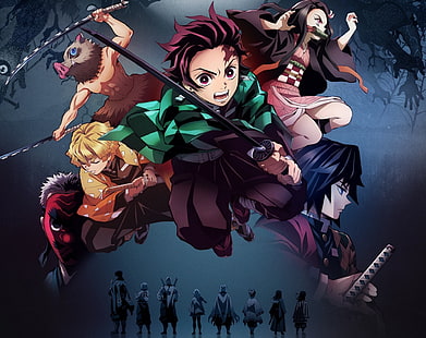  Anime, Demon Slayer: Kimetsu no Yaiba, Giyuu Tomioka, Inosuke Hashibira, Nezuko Kamado, Tanjirou Kamado, Zenitsu Agatsuma, HD wallpaper HD wallpaper