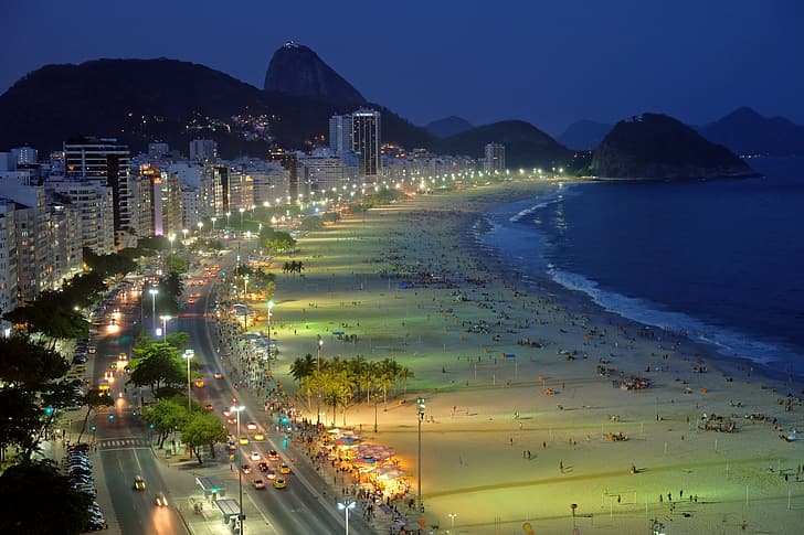 luz, montañas, casa, carretera, máquina, playa, rascacielos, arena, mar, noche, Copacabana, Fondo de pantalla HD