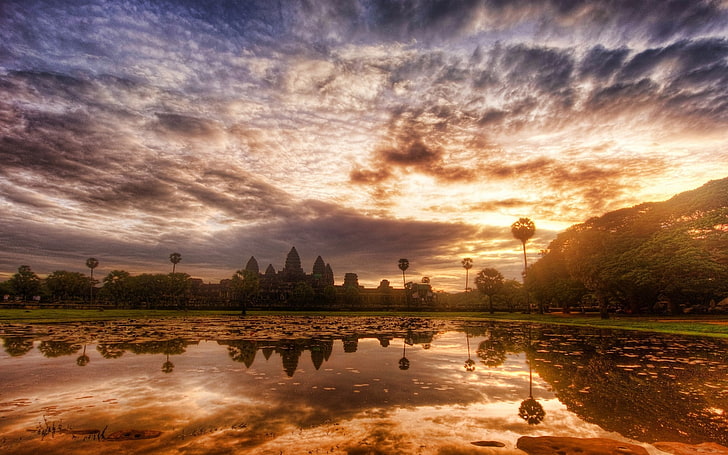 Angkor, Kamboja, awan, lanskap, alam, kolam, refleksi, langit, matahari terbit, Kuil, Pohon, air, Situs Warisan Dunia, Wallpaper HD