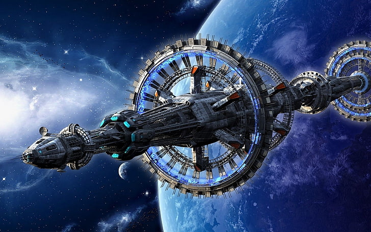 schwarzes raumschiff, raumschiff, raumstation, science fiction, grafik, weltraum, HD-Hintergrundbild