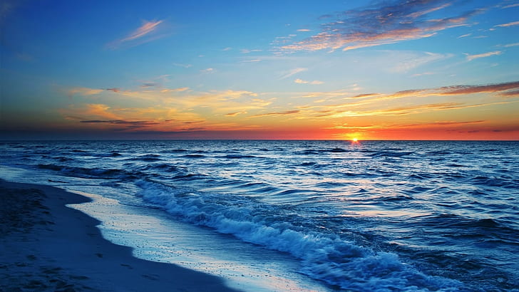 Gelombang pantai saat matahari terbenam, ombak menerjang pantai saat ilustrasi senja, Gelombang, Pantai, Matahari Terbenam, Wallpaper HD