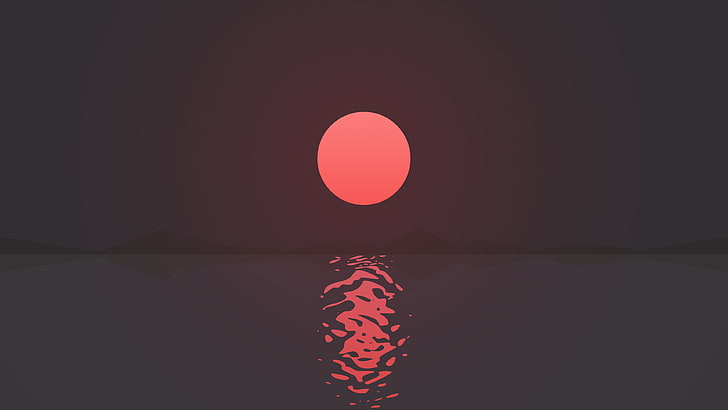 full moon, Sun, minimalism, mountains, reflection, sea, HD wallpaper