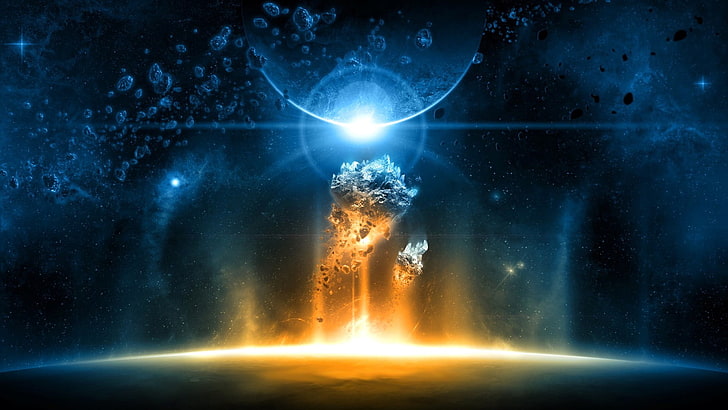 blaue und braune Asteroidenillustration, digitale Kunst, Raumkunst, Raum, Planet, HD-Hintergrundbild