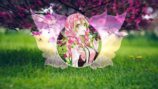Mitsuri Kanroji, Kimetsu no Yaiba, аниме, аниме момичета, розова коса, HD тапет HD wallpaper