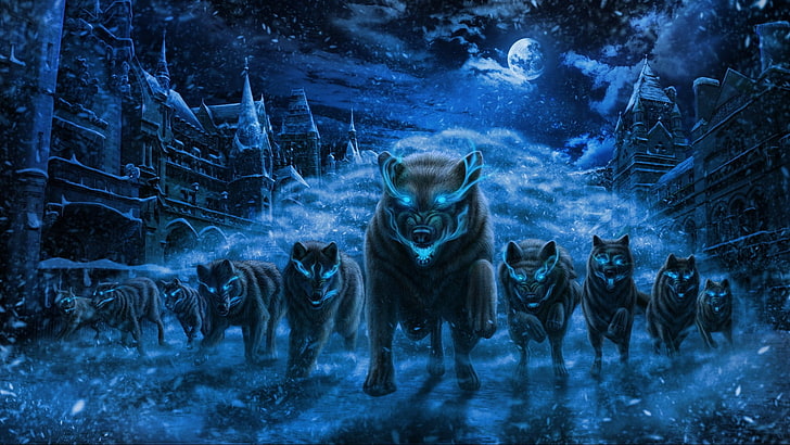 snow, night, the city, fear, predators, the full moon, invasion, blue flame, burning eyes, the leader, a pack of wolves, mater, Snow wolves, HD wallpaper