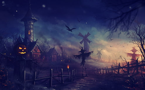 halloween wallpaper, Halloween, scarecrows, pumpkin, Jack O' Lantern, crow, windmill, haryarti, fantasy art, HD wallpaper HD wallpaper