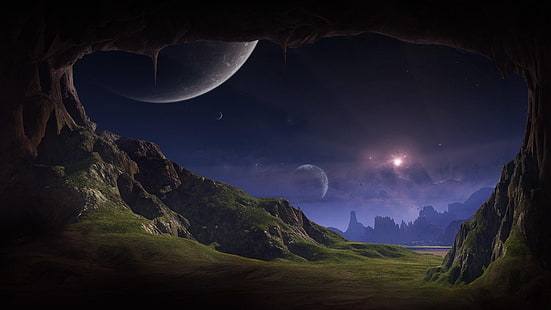 fantasy konst, planeter, yta, natt, HD tapet HD wallpaper