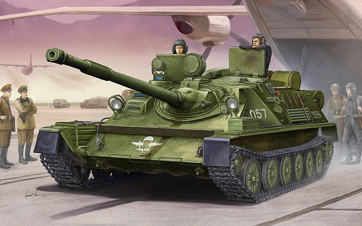 зеленый боевой танк, иллюстрация, арт, аэродром, установка, самоходная, артиллерия, САУ, ВДВ, легкий, танк, база данных, СССР, плавающая, ПТ-76, АСУ-85, HD обои