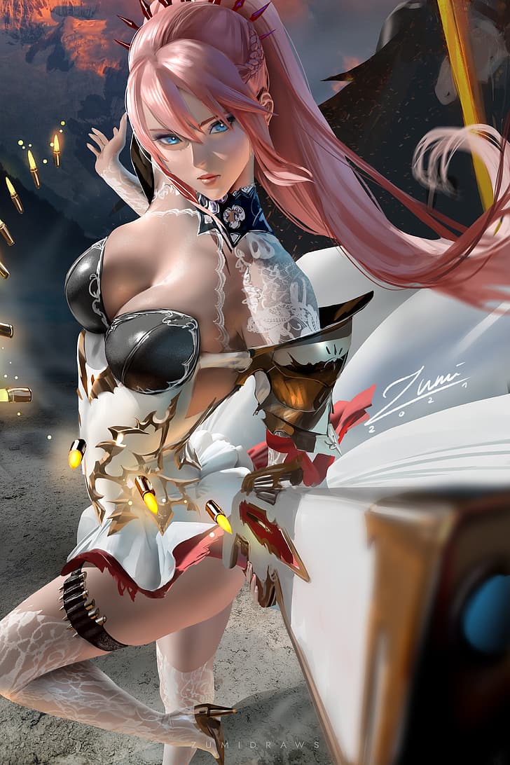 Shionne, Tales of Arise, video games, video game girls, anime, anime girls, pink hair, ponytail, looking at viewer, blue eyes, lace, armor, cleavage, dress, stockings, white stockings, thigh strap, bullet, artwork, drawing, illustration, fan art, digital art, Zumi, zumidraws, HD wallpaper