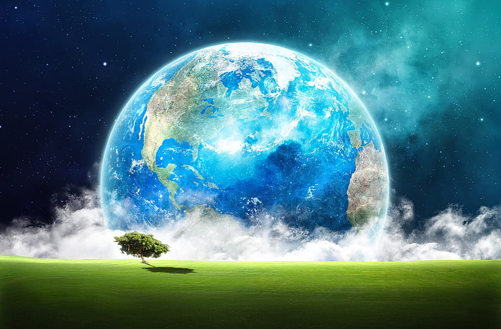 planet earth illüstrasyon, alan, çimen, uzay, yıldız, bulutlar, manzara, kurgu, ağaç, toprak, gezegen, HD masaüstü duvar kağıdı