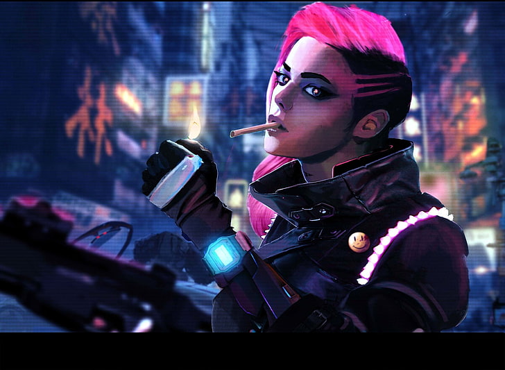 Fondo de pantalla de Overwatch Sombra, mujeres, cyberpunk, fumar, cabello rosado, pistola, afeitado lateral, chicas con pistolas, Fondo de pantalla HD