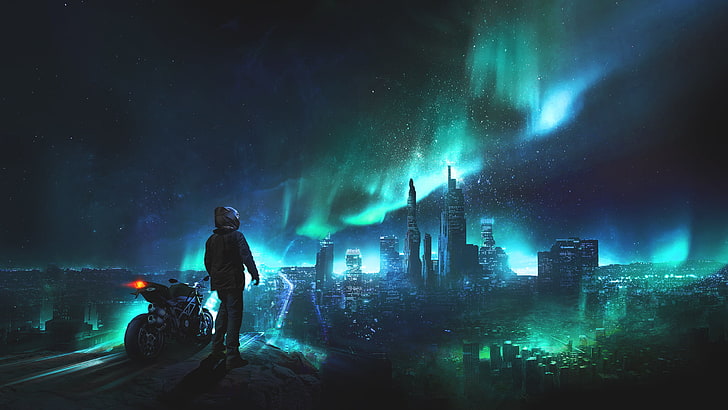 giacca nera con cappuccio, uomo con moto guardando l'aurora boreale sopra la città, moto, casco, città, paesaggio urbano, grattacielo, arte digitale, stelle, notte, luci, blu, verde, in piedi, orizzonte, turchese, ciano, Sfondo HD