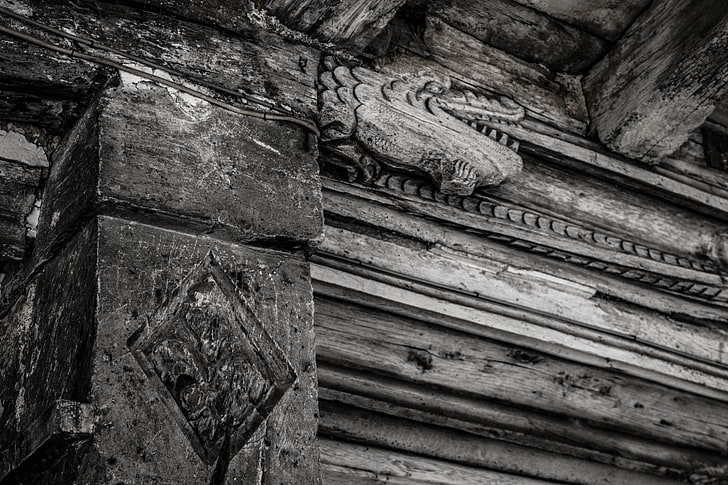 monokrom, abad pertengahan, kayu, naga, detail, Wallpaper HD