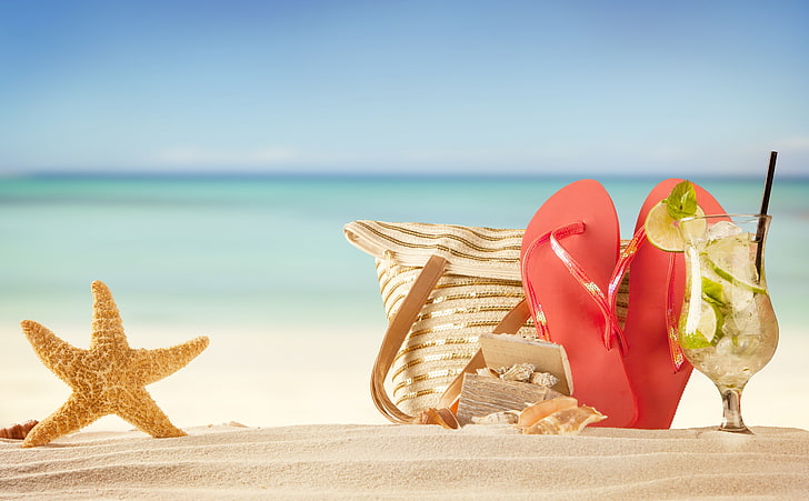 Summer Vacation, brown starfish and pink flip-flops, Seasons, Summer, HD wallpaper