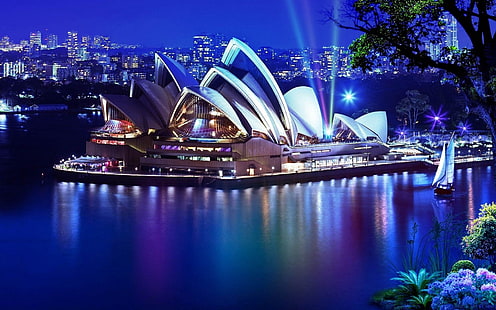 Sidney Opera House, pera house, sydney, night, lights, HD wallpaper HD wallpaper