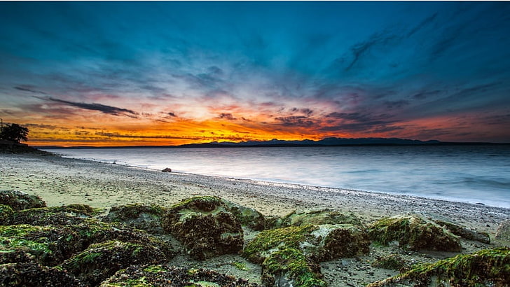 海岸、自然、風景の壮大な夕日、 HDデスクトップの壁紙
