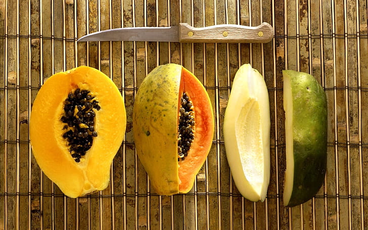 Papaya Fruit, knife, background, HD wallpaper