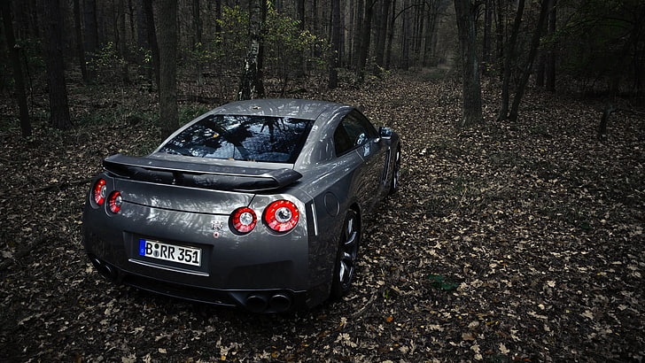 灰色のスポーツクーペ、車、森林、日産、日産スカイラインGT-R R35、日産GT-R、ドイツ、 HDデスクトップの壁紙
