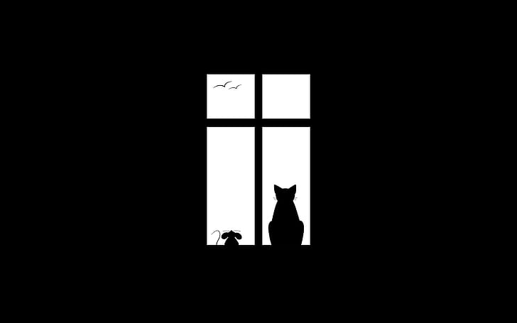 minimalism, artwork, black background, animals, black, white, cat, birds, window, HD wallpaper