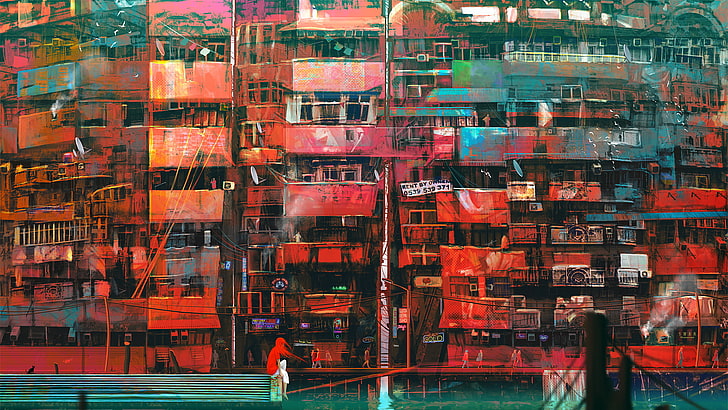 houses near body of water artwork, assorted-color buildings, digital art, science fiction, cyberpunk, city, cityscape, Kuldar Leement, balcony, apartments, HD wallpaper