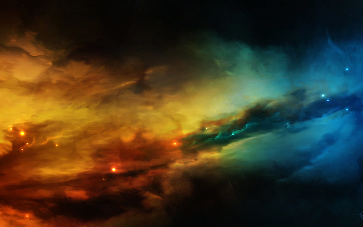 Richtung, grüne, purpurrote und gelbe Wolken, 3D, Raum, Stern, bunt, Nebel, HD-Hintergrundbild