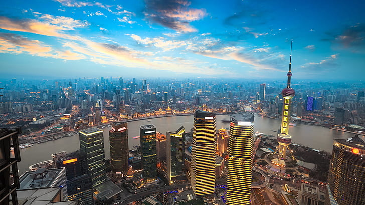 Shanghai, Cina, kota, menara, gedung pencakar langit, sungai, senja, lampu, bangunan beton, Shanghai, Cina, Kota, Menara, Pencakar Langit, Sungai, Senja, Lampu, Wallpaper HD