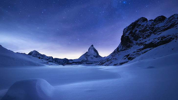 природа, небо, Маттерхорн, горный хребет, гора, пик, замерзание, ночное небо, Церматт, Швейцария, снег, звездное небо, звездное, зима, HD обои