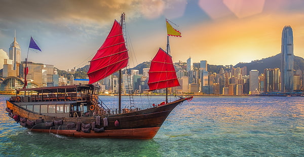 the city, China, building, Bay, Hong Kong, junk, Victoria Harbour, The Victoria Harbour, HD wallpaper HD wallpaper