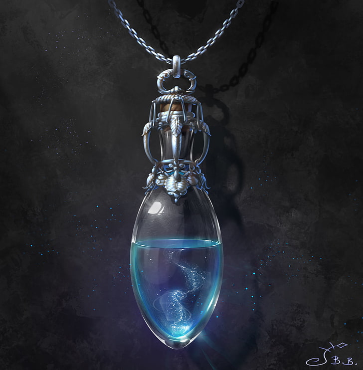silver-colored and blue gemstone pendant necklace, Vera Velichko, potions, liquid, ice, HD wallpaper