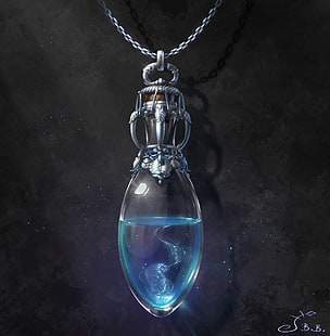 silver-colored and blue gemstone pendant necklace, Vera Velichko, potions, liquid, ice, HD wallpaper HD wallpaper