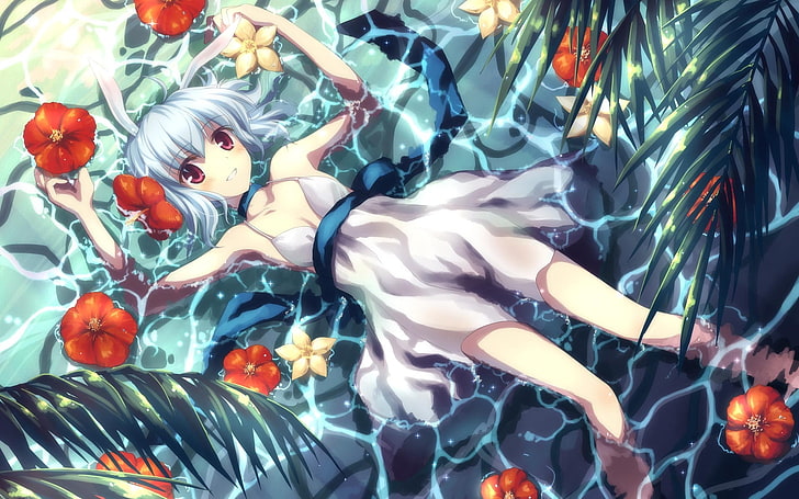 karakter anime wanita berambut putih, anime, girl, water, flower, smile, belt, bush, Wallpaper HD