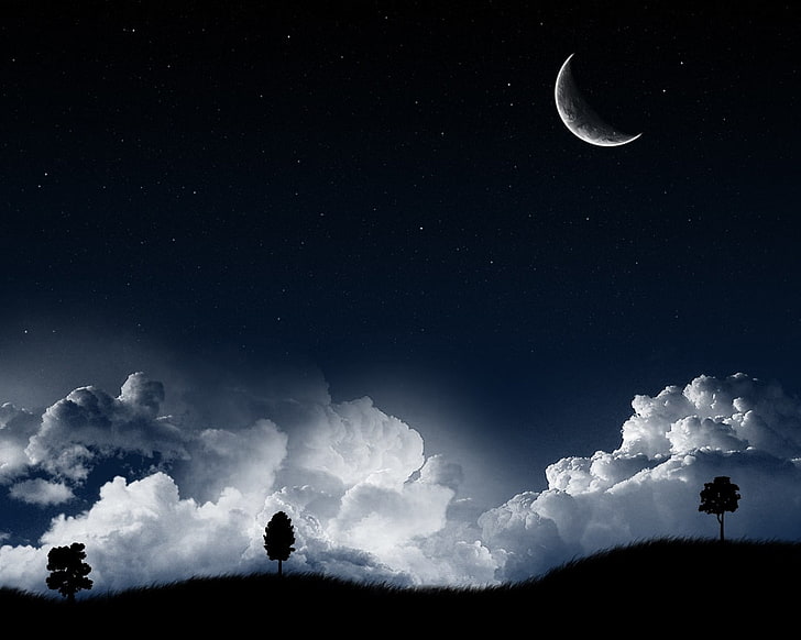 السحب البيضاء ، المناظر الطبيعية ، الليل ، القمر ، الغيوم ، النجوم، خلفية HD