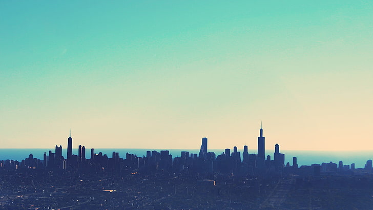 building lot, landscape photo of cityscape, cityscape, simple, sky, blue, Chicago, skyline, horizon, cyan, HD wallpaper