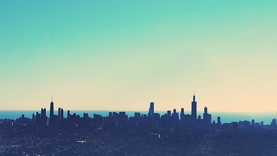 działka budowlana, zdjęcie krajobrazu pejzażu miejskiego, pejzaż miejski, proste, niebo, niebieski, Chicago, panorama, horyzont, cyjan, Tapety HD HD wallpaper
