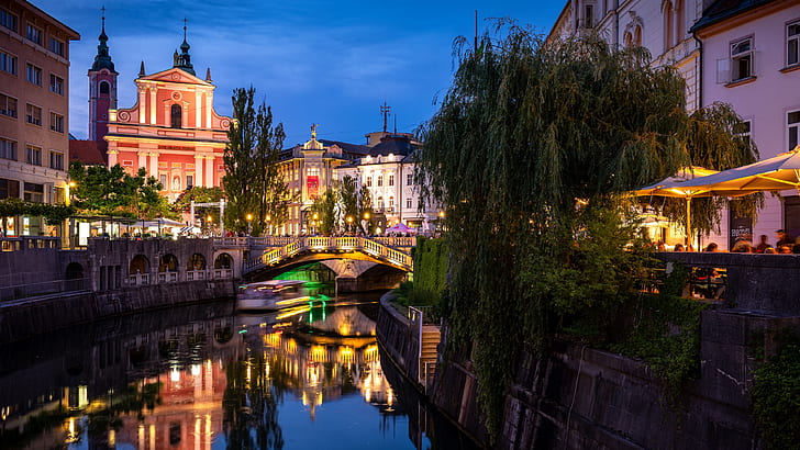 canal, ville, pont, réflexion, point de repère, attraction touristique, soir, ciel, paysage urbain, Europe, Ljubljana, Slovénie, Fond d'écran HD
