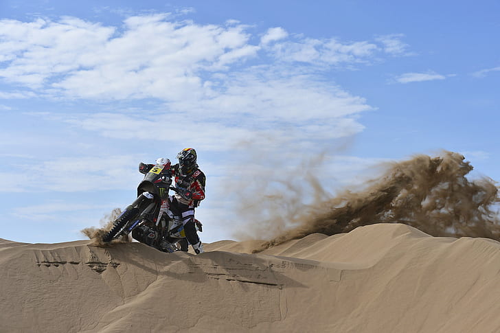 Dakar, motorcycle racer, Motorcycle racer, Dune, gas, sky, day, Heat, Dakar, HD wallpaper