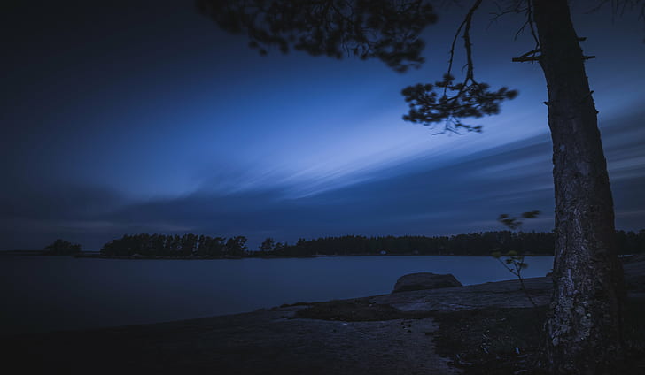 body of water under gray and black clouds during nighttime, Evening, clouds, body of water, gray, black, nighttime, nikon  d600, nikkor, 35mm, night, nature, sunset, landscape, sky, tree, HD wallpaper