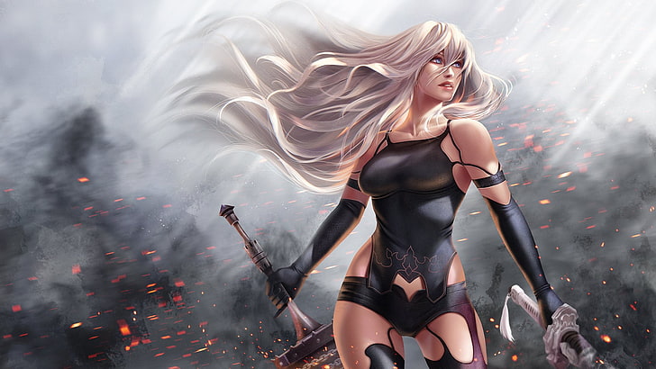 A2 (Nier: Automata), blue eyes, dust, Fan Art, Fantasy Weapon, gloves, Human android, Long Hair, Looking Up, mole, NieR, Nier: Automata, smoke, Sparks, Standing, Sun Rays, sword, video games, weapon, White Hair, wind, HD wallpaper