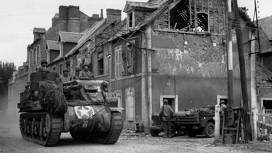 полутоновое фото боевого танка, Вторая мировая война, танк, руины, военные, винтаж, война, монохромный, HD обои HD wallpaper