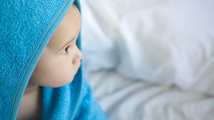 serviette bleue, enfant, serviettes, couches, visage, Fond d'écran HD