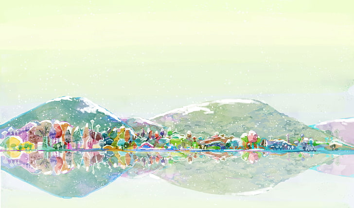 różowe góry malarstwo, sztuka cyfrowa, malarstwo, natura, góry, śnieg, śnieżny szczyt, drzewa, zima, woda, odbicie, dom, kolorowe, Tapety HD