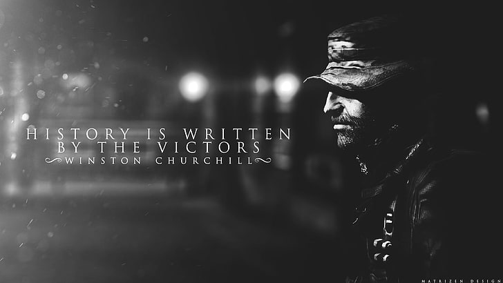 History is Written poster, History is written by the Victor's text, Call of Duty 4: Modern Warfare, quote, Winston Churchill, john price, minimalism, depth of field, macro, digital art, 2D, particle, lights, Call of Duty, วอลล์เปเปอร์ HD