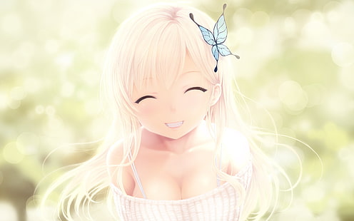 аниме момичета, аниме, блондинка, Kashiwazaki Sena, Boku wa Tomodachi ga Sukunai, сини очи, пеперуда, усмихнат, деколте, HD тапет HD wallpaper