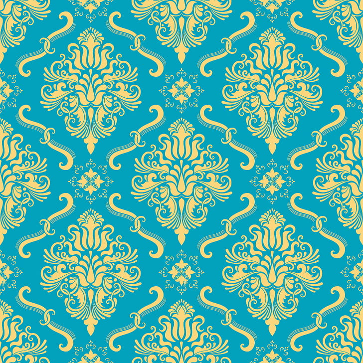 flowers, yellow, background, blue, ornament, style, vintage, seamless, victorian, HD wallpaper